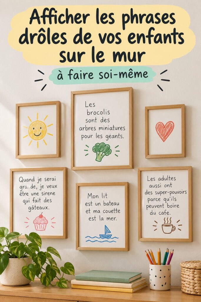 Un mur décoré avec des phrases drôles d'enfants encadrées et colorées