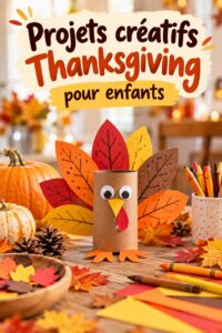 Projets créatifs de Thanksgiving pour les enfants avec des décorations colorées sur une table