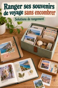 Une étagère décorée de souvenirs de voyage bien organisés