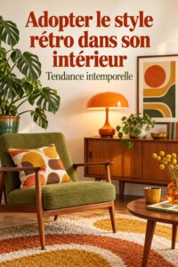 Une pièce de salon décorée dans un style rétro avec des meubles vintage et des motifs colorés.