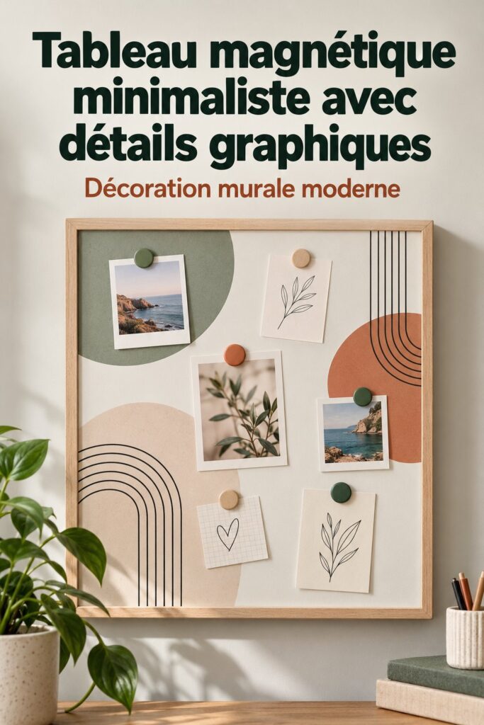 Tableau magnétique minimaliste avec des détails graphiques modernes en décoration intérieure.