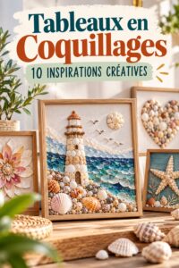 Tableau artistique en coquillages décorant un mur.