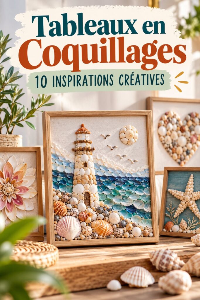 Tableau artistique en coquillages décorant un mur.