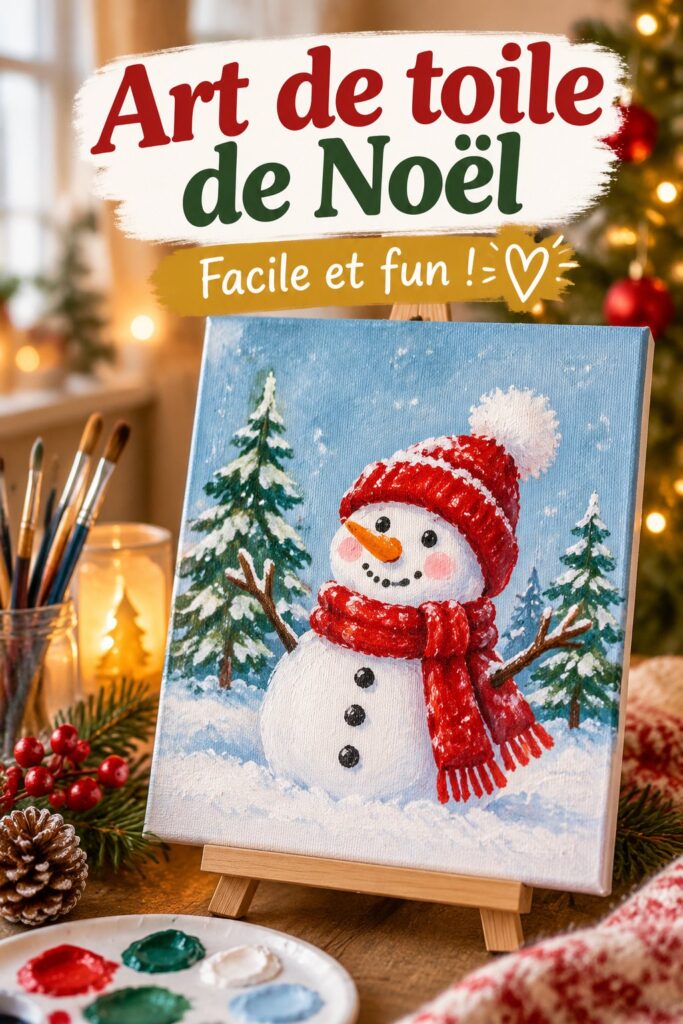 Une toile de Noël facile à réaliser avec des motifs de Noël simples et colorés.