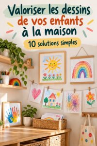 Un mur décoré avec des dessins d'enfants encadrés et accrochés. Mettez en valeur la créativité familiale.