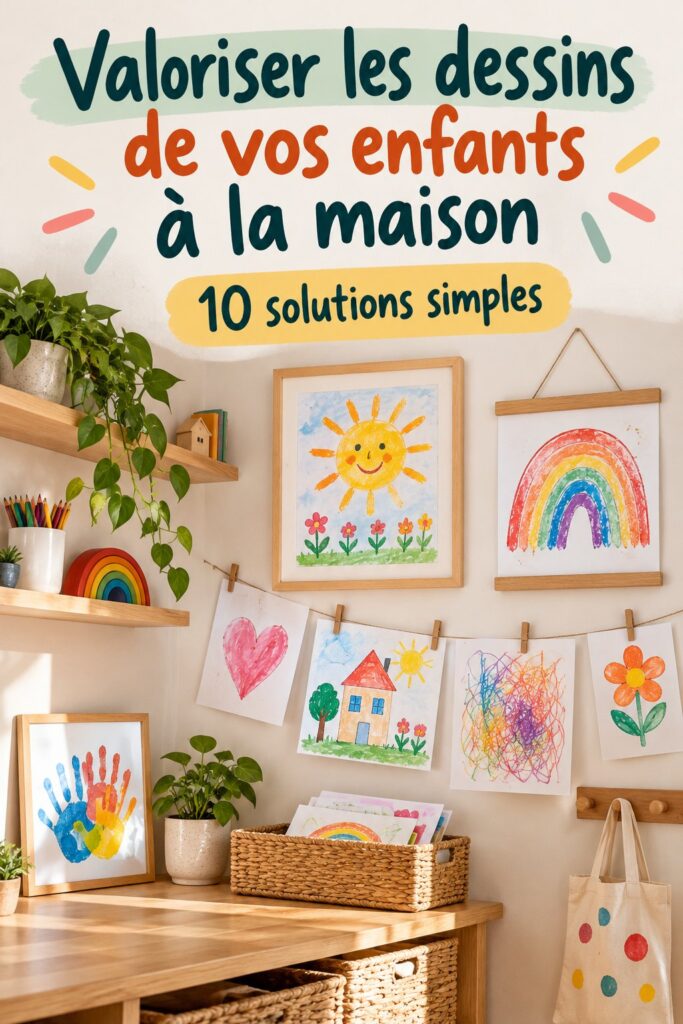 Un mur décoré avec des dessins d'enfants encadrés et accrochés. Mettez en valeur la créativité familiale.